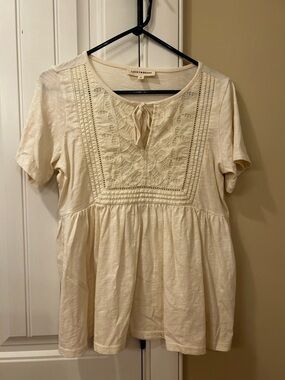 Lucky Brand Cream Crochet Tie-Neck Blouse